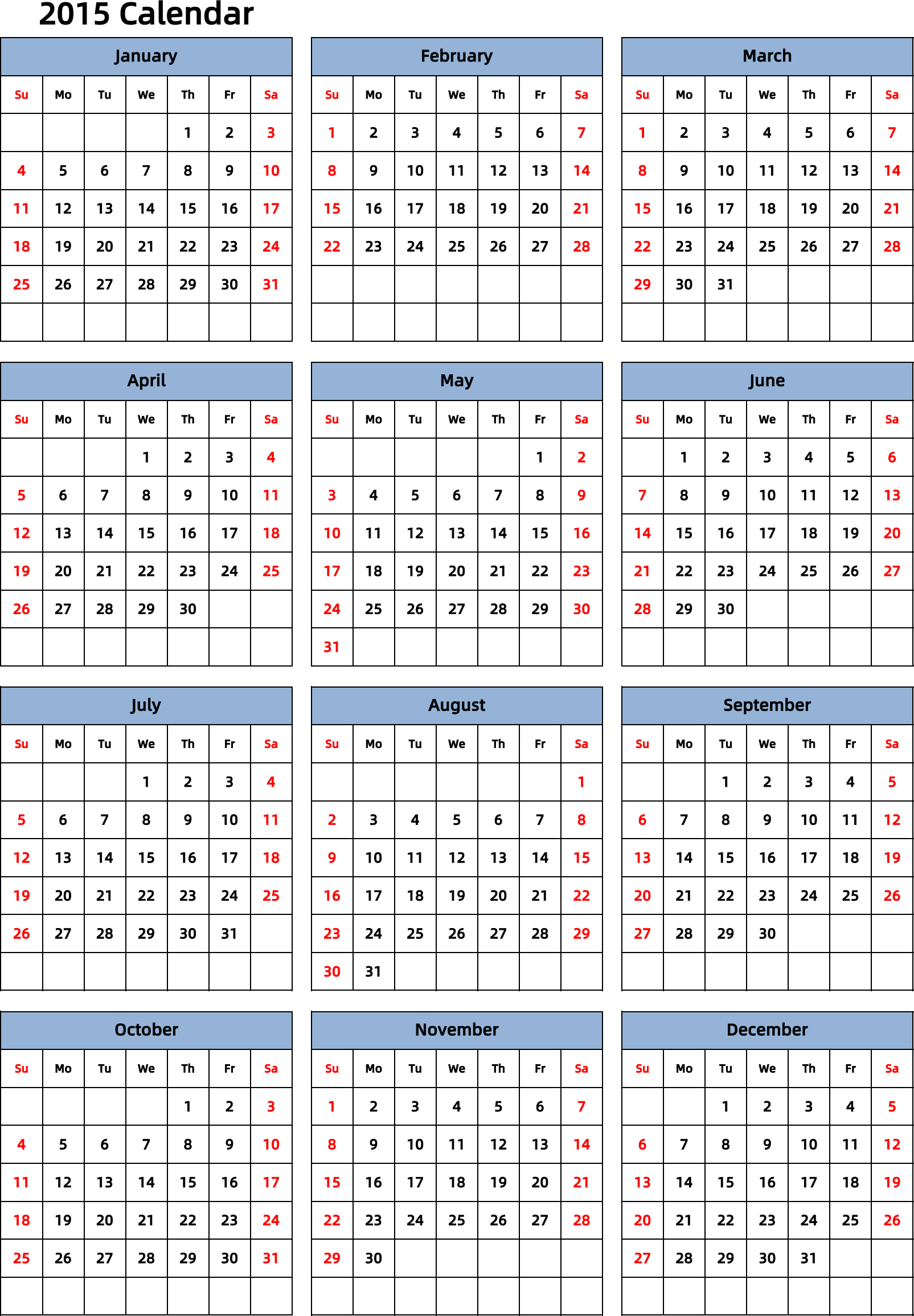 日历表2015年日历 英文版 纵向排版 周日开始